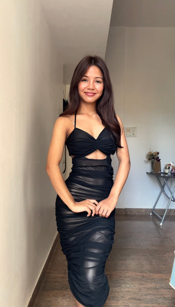 Black Ruched Midi Dress