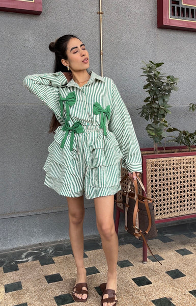 Green Bow Striped Co-ord Set